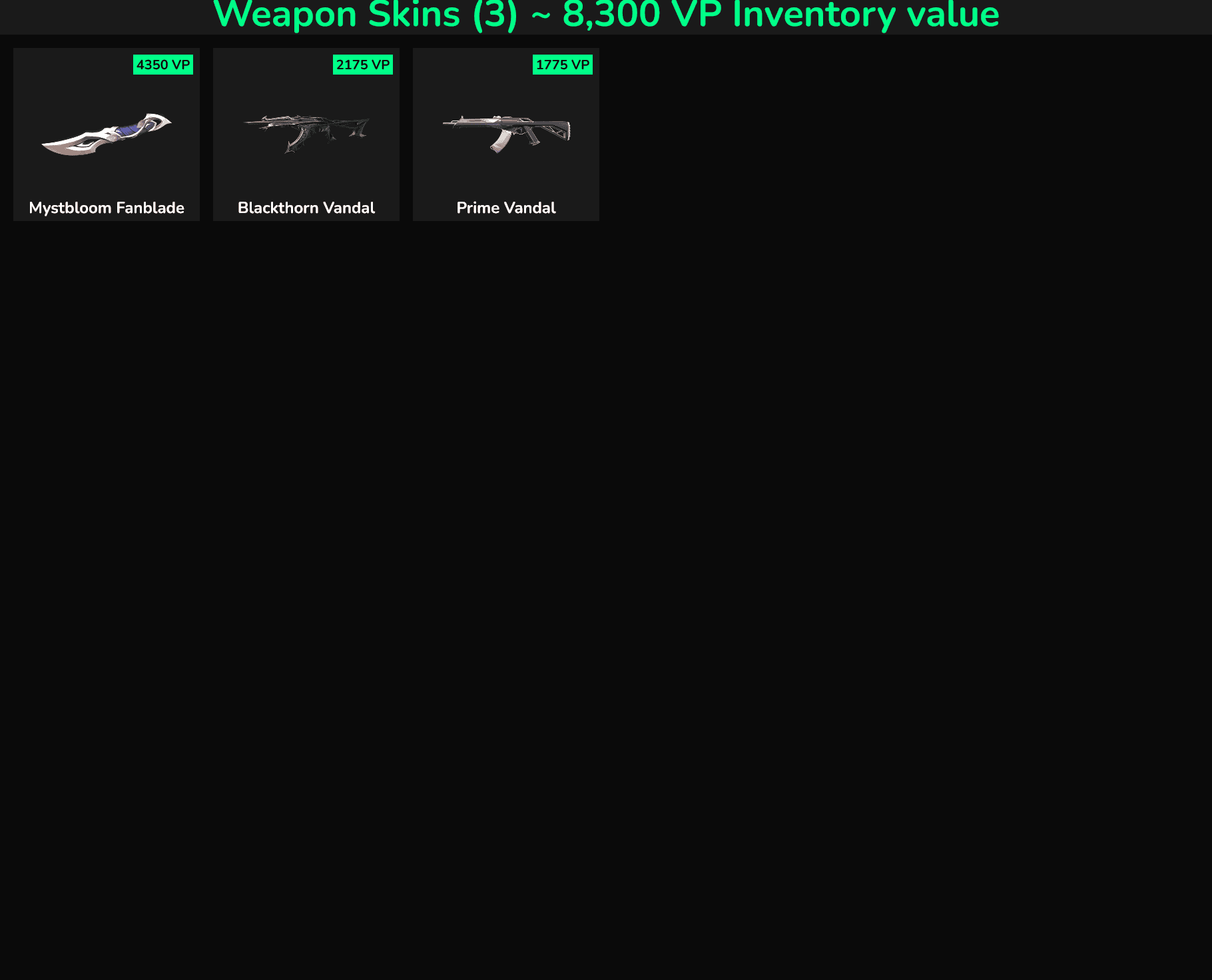 Fortnite weapon skins for sale, including Mystbloom Fanblade, Blackthorn Vandal, and Prime Vandal.